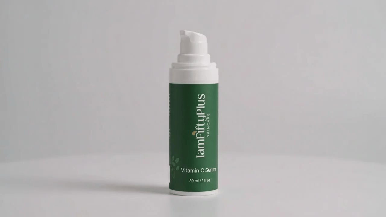 IamFiftyPlus Vitamin C Serum bottle on a neutral gray background