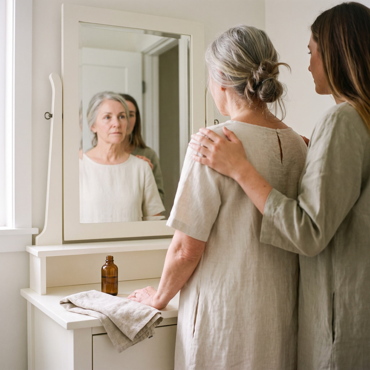 A mother in her fifties studies her reflection in a vanity mirror, her daughter's hand resting on her shoulder